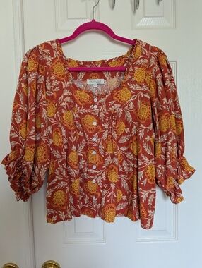 Rachel Zoe Burnt Orange & Mustard Floral Button-Up Blouse